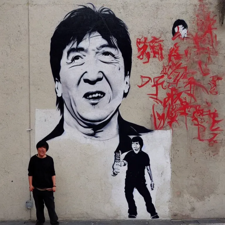 Image similar to Street-art full-body portrait of Jackie Chan in style of Banksy