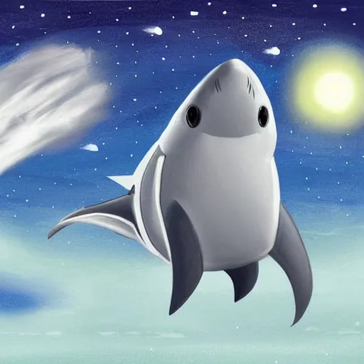 Image similar to cute shark in space suit walking in barren white desert at night, digital painting