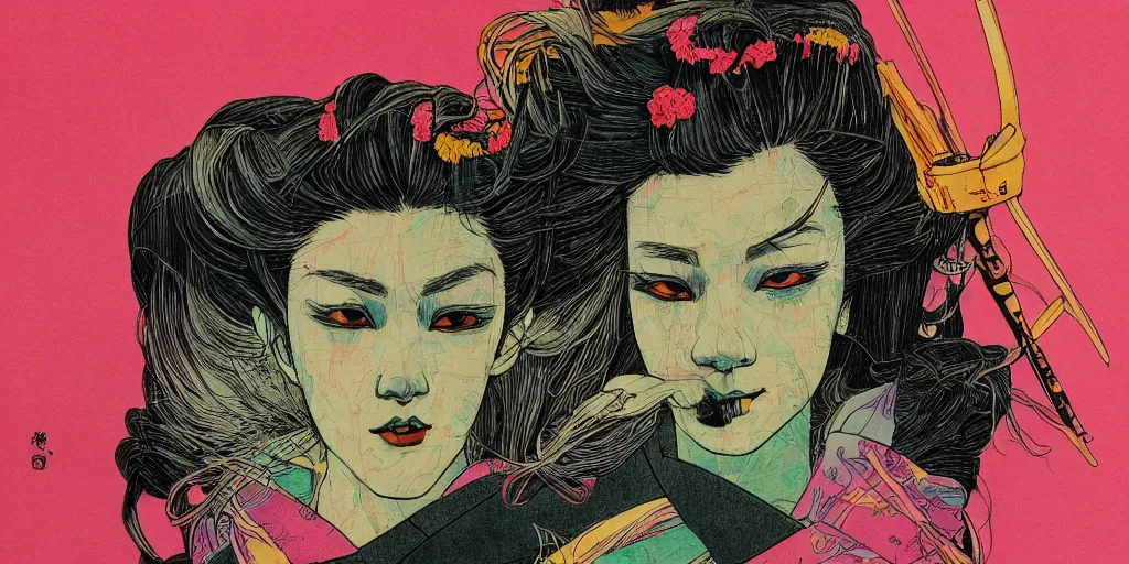 Prompt: a close - up grainy, risograph drawing, hyper light drigter, neon colors, a big porcelain glossy geisha head, with long hair, floating above the sharp peaks weapons, style by moebius and kim jung gi