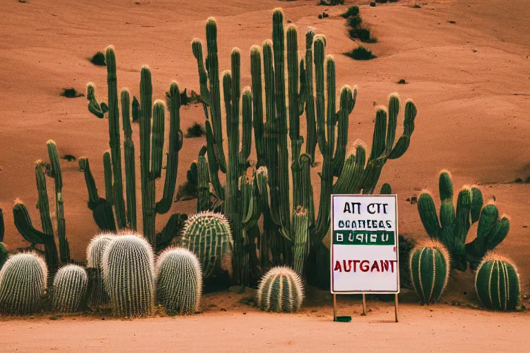Image similar to photography of a building with alot of cactus in desert with a sign of warning, 4k, detailed