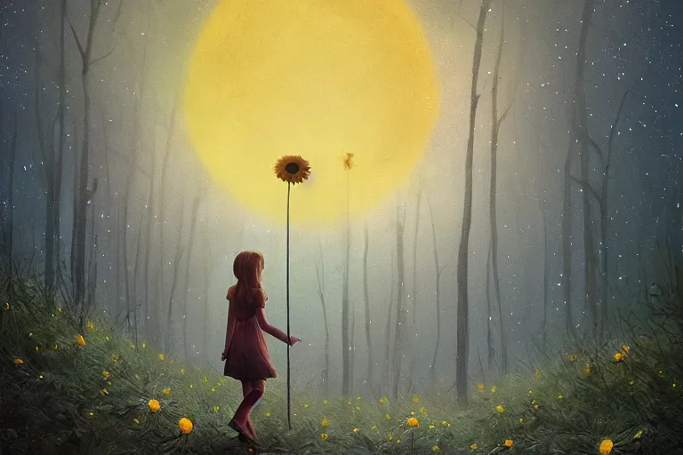 Image similar to giant daisy flower as face, girl walking in forest, surreal photography, dark night, stars, moon light, impressionist painting, clouds, digital painting, artstation, simon stalenhag