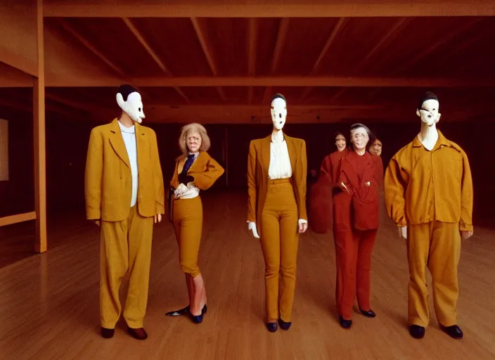 Image similar to realistic photo portrait of the team, brown mustard cotton fluffy carnival costumes, pigeon head face portrait, wooden polished and fancy expensive wooden science laboratory hall interior with plants 1 9 9 0, life magazine reportage photo, david lynch, michelangelo antonioni, red desert, twin peaks