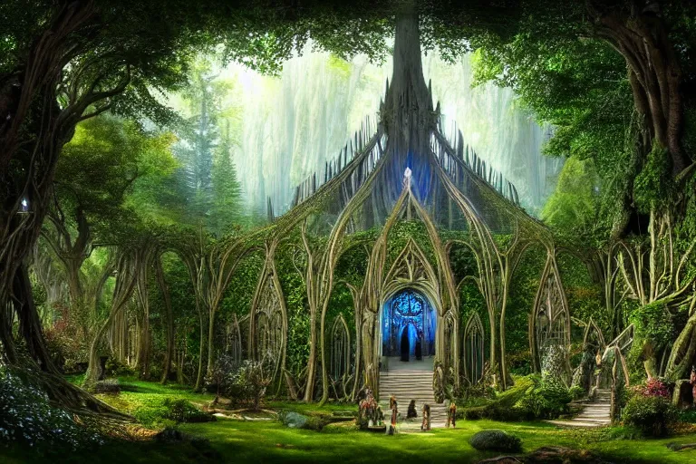 Image similar to a beautiful and highly detailed digital painting of an elven cathedral in a beautiful garden in a mystical forest, lothlorien, rivendell, mirkwood, celtic designs, intricate details, epic scale, hyperdetailed, hyperrealism,, artstation, cgsociety, 8 k, sharp focus, by caspar friedrich, james gurney, brian froud,