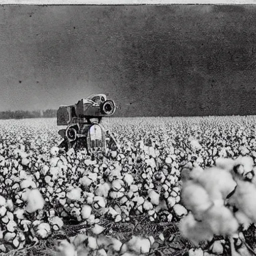 Image similar to robots working in the cotton field , 1824 , old photograph , 4k , HD