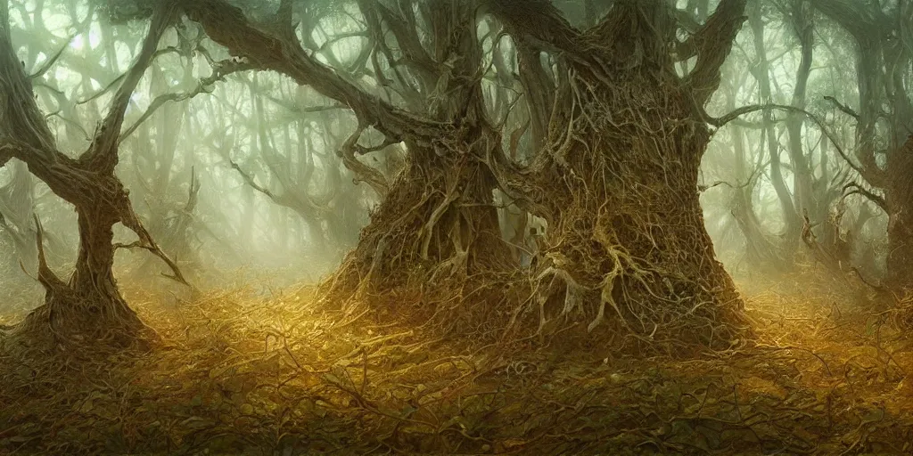 Image similar to artwork of the wretched thicket, by john howe & tim white, exquisite lighting, clear focus, highly detailed, cinematic view, trending on artstation