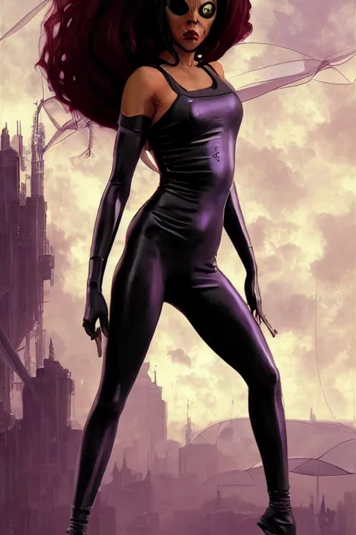 Image similar to gta scary spice as aeon flux profile picture by greg rutkowski, dynamic pose, flat matte painting, intricate, futuristic, fantasy, elegant, by stanley artgerm lau, greg rutkowski, thomas kindkade, alphonse mucha, loish, norman rockwell, fantasy lut, asymmetric, long hair, retro computer graphics, video game, fluid lines,