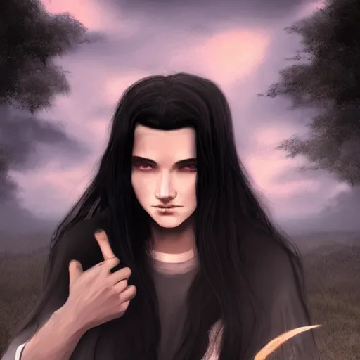 Image similar to a young priest with long black hair, fair skin like porcelain, dark melancholic eyes, stunning beautiful. digital art. very detailed. fantasy. sunset.