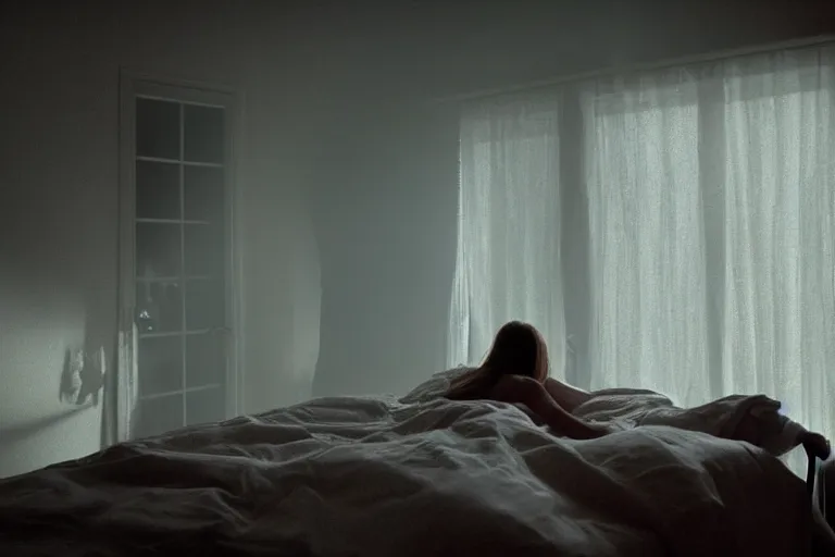 Image similar to vfx movie scene sleep paralysis night, a monster outside the bedroom window, natural lighting by emmanuel lubezki
