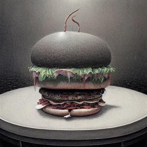 Image similar to a hyperrealistic painting of a burger filled with alien plants and disturbing meat, by john kenn mortensen and zdzislaw beksinski, highly detailed, vivid color,