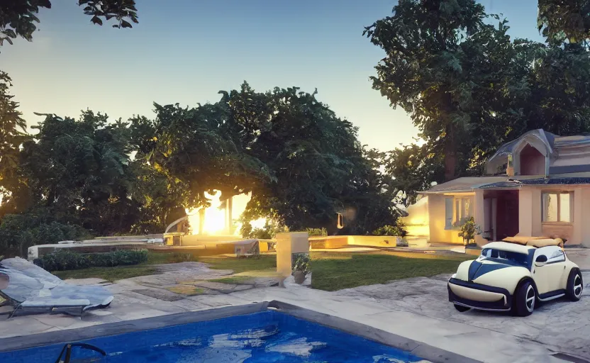 Image similar to a vw beetle parked near a modern small house with a pool at sunrise, concept art, octane render, unreal engine 5, trending on artstation, high quality, highly detailed, 8 k, soft lighting, path traced, godrays, lens flare, hyperrealistic, symmetrical, low contrast, digital art, beautiful, elegant