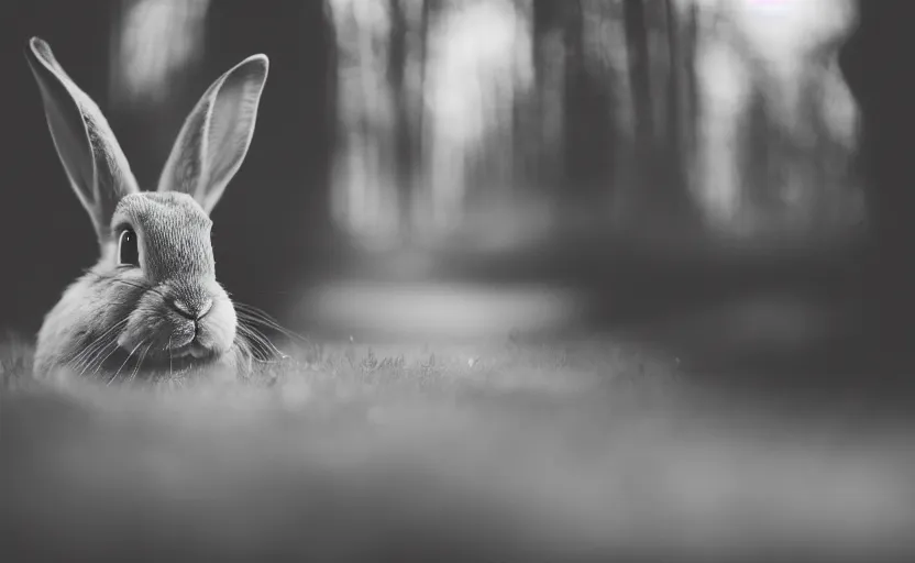 Prompt: rabbit looking in the mirror, gothic magic, forest, nostalgia, analogue photo quality, blur, unfocus, monochrome, 35mm, dors