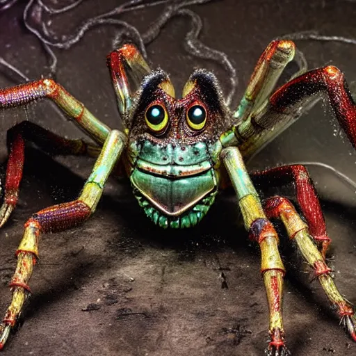 Prompt: photo taken of an epic intricate, ultra detailed, super realistic gritty, hero prop, exquisitely painted animatronic movie prop of a wet slimy grotesque nightmarish hellish arachnoid creature displayed in the workshop, created by weta workshop, full body shot, photorealistic, sharp focus