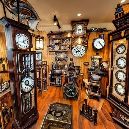 Prompt: interior of a small steampunk clock shop, father time, nautical wooden grandfather clocks everywhere, realistic, very intricate hyper detailed masterpiece