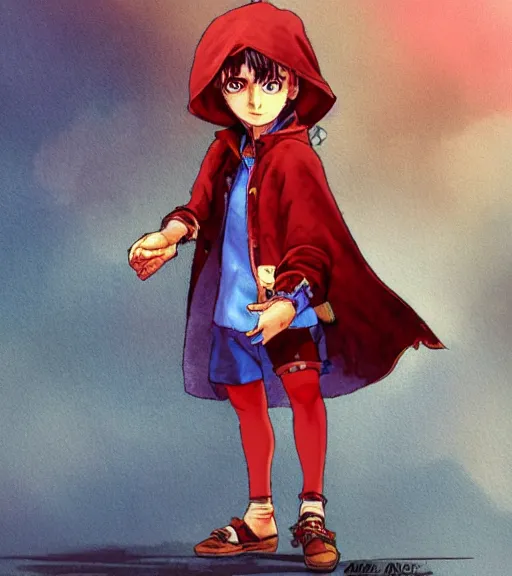 Prompt: attractive little boy character inspired in little red riding hood and narancia from jojo, digital artwork made by akihiko yoshida and makoto shinkai