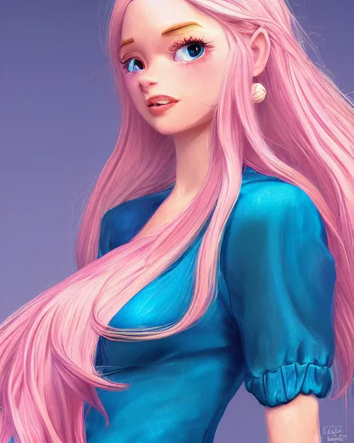 Image similar to side closeup of beautiful female with long blonde hair blue eyes pink silk dress, award winning full length profile photography, extremely detailed, artstation, 8 k, sensual lighting, incredible art, wlop, pixar, disney, artgerm, backlit, rim lighting, hi - fructose, cellshading, intricate lineart