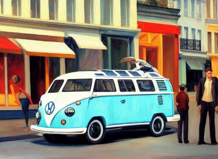 Image similar to painting, two young men and women near blue vw bus on paris street, by edward hopper, bernardo bertolucci dreamers movie scene