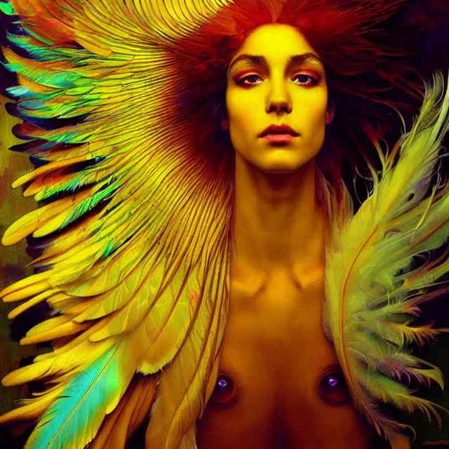 Image similar to face of young psychedelic transcendent feather mind bending psychedelic wings of glossy liquid honey flowing like kaleidoscopic translucent holograph, lsd feathers, feathery fluff, enlightenment, high contrast dappled lighting, refracted sunset, highly detailed, concept art, art by collier, albert aublet, krenz cushart, artem demura, alphonse mucha