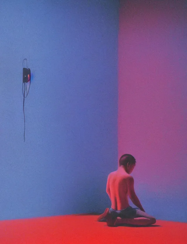 Prompt: boy in dark room praying, blue rays from tv, redshift, colour shift, wide shot, coloured polaroid photograph, pastel, kodak film, hyper real, stunning moody cinematography, by maripol, fallen angels by wong kar - wai, style of suspiria and neon demon, david hockney, detailed, oil on canvas