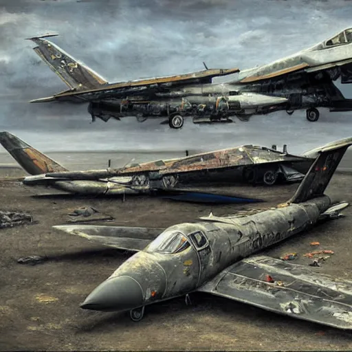 Image similar to broken and abandoned Military Jets on a tarmac, gothic art, color, highly detailed