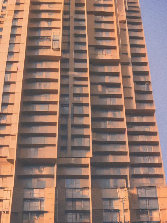 Image similar to photo of low soviet panel residential building, extreme wide shot, golden hour, kodak gold 2 0 0, side - view