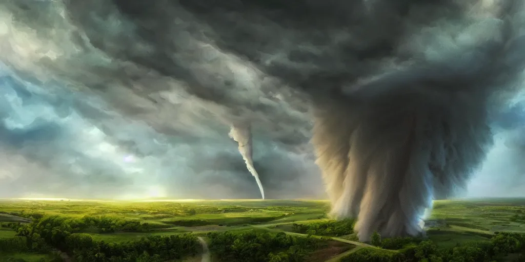 Prompt: A tornado in a beautiful scenic landscape, nature, trees, colorful, wide angle, super highly detailed, professional digital painting, artstation, concept art, smooth, sharp focus, no blur, no dof, extreme illustration, Unreal Engine 5, Photorealism, HD quality, 8k resolution, cinema 4d, 3D, beautiful, cinematic, art by artgerm and greg rutkowski and alphonse mucha and loish and WLOP