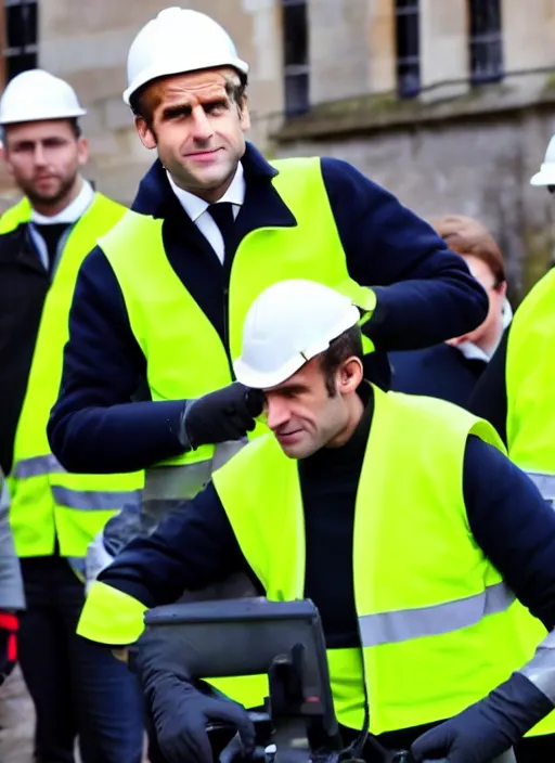 Prompt: macron wearing hivis coat, hard hat and rubber gloves