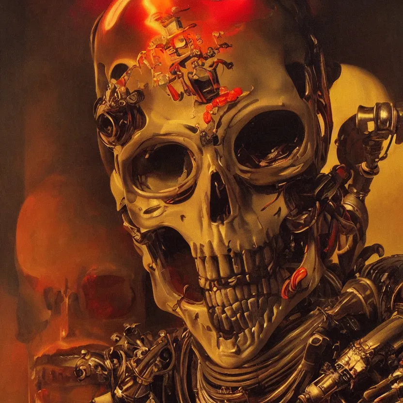 Prompt: a baroque neoclassicist close - up portrait of a colorful retrofuturistic robot day of the dead skull, glowing fog in the background. renaissance portrait painting. highly detailed science fiction painting by norman rockwell, frank frazetta, and syd mead. rich colors, high contrast, gloomy atmosphere, dark background. trending on artstation