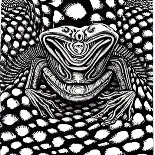 Image similar to eldritch frog abomination of unimaginable horror by h. r. giger and junji ito, speculative evolution, op art with big bold patterns