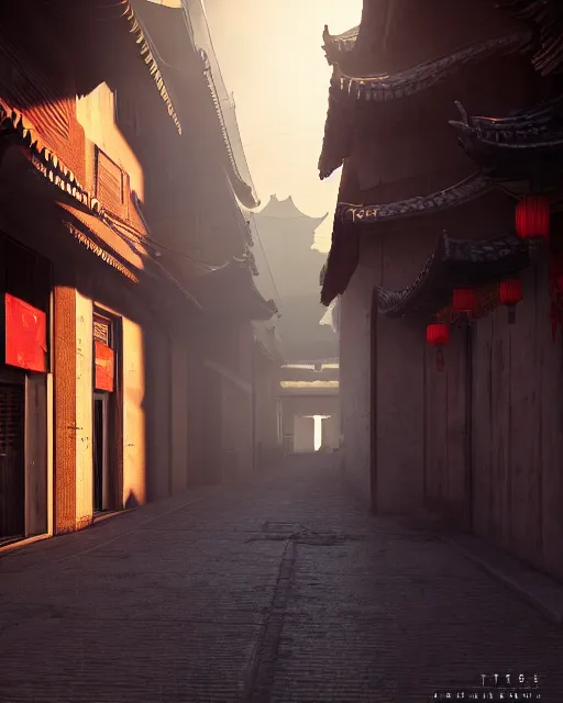 Image similar to artstation scifi scene of two deer - headed shadow, in a chinese town narrow alley, dim lights, long shadows, summer unreal engine 5, hyper realism, realistic shading, cinematic composition, blender render, octane render, hdr, detailed textures, photorealistic, wide shot