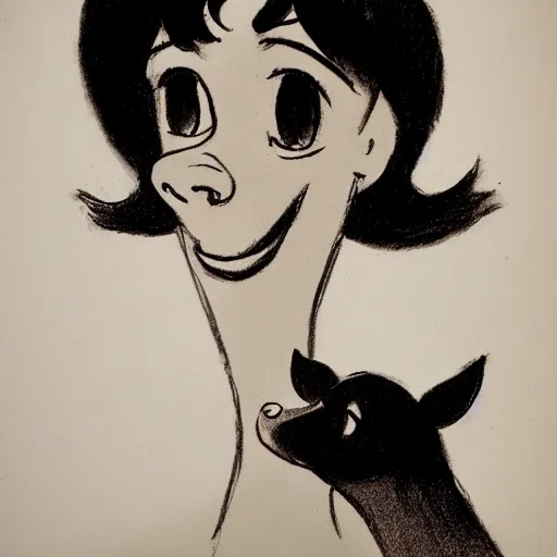 Image similar to milt kahl sketch of black hair cuban girl with dog nose