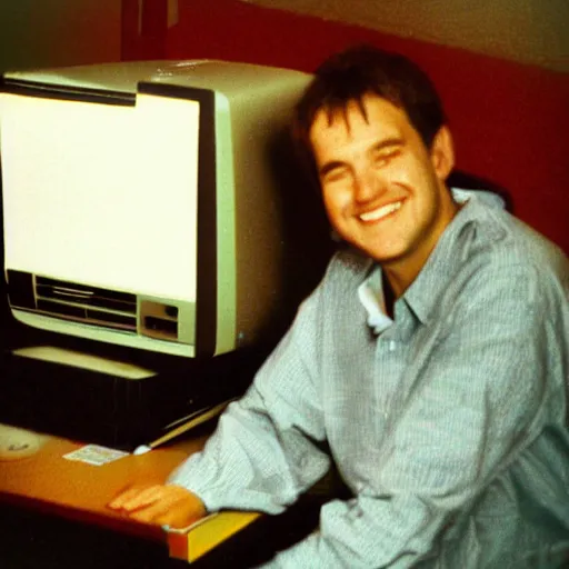 Prompt: a photo of a man sitting infront of a 1 9 9 0 s computer, he is smilling at the camera, he is a 3 meters away from the camera, light coming from the camera, taken on a 1 9 9 0 s camera.