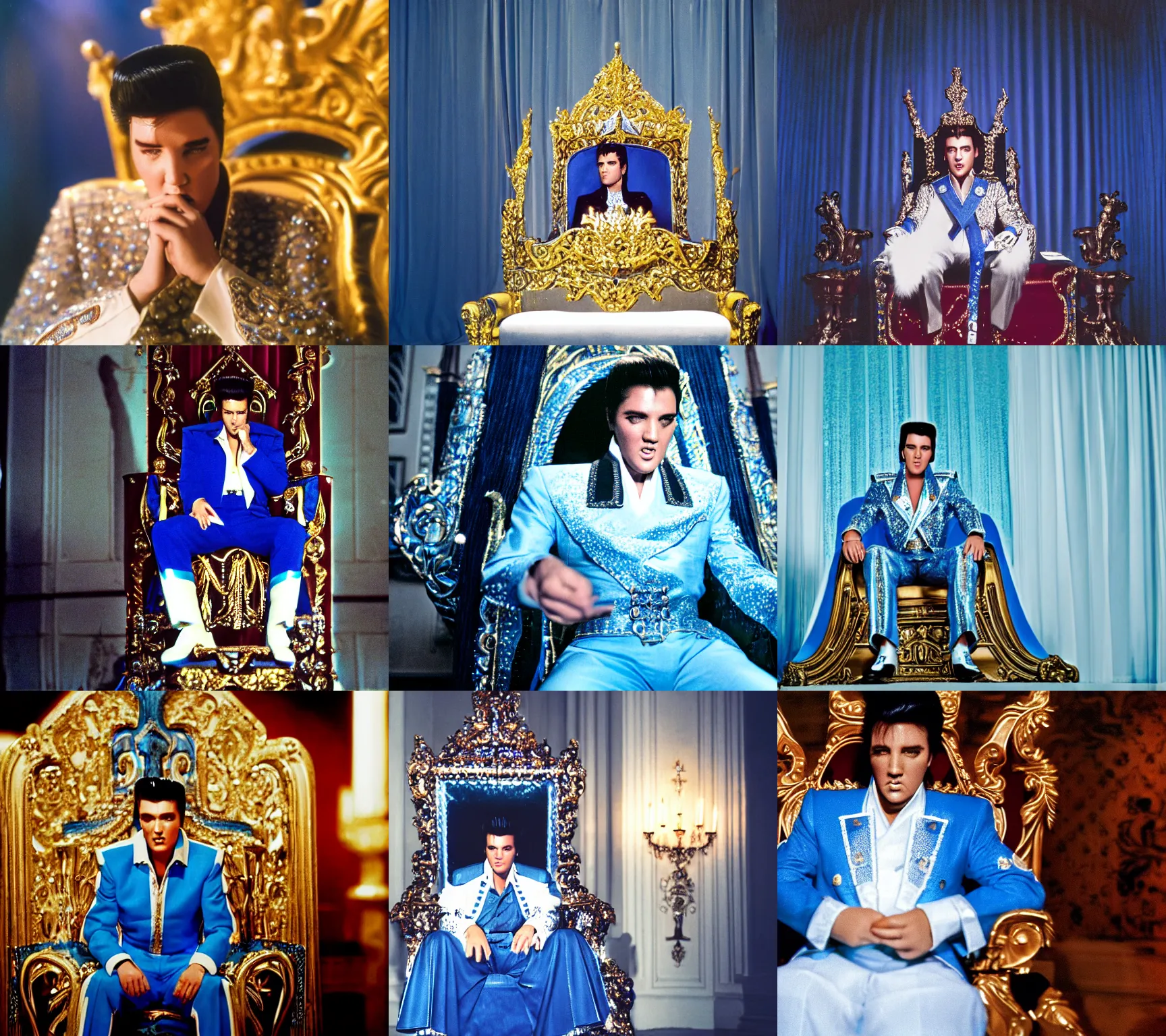 Prompt: sharp, detailed, film still of elvis sitting on his throne in his castle, atmospheric lighting, in focus, blue reflective eyes, 3 5 mm macro lens, live action, nice composition