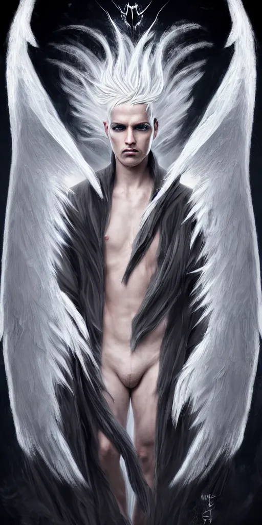 Image similar to full body image of a symmetric detailed terrifying male - angel with white hair with detailed white wings flying in black smoke, ultra realistic, epic, highly detailed, hd, sharp focus, cinematic lighting, realistic, vivid colors, gritty, matt painting, digital art, non blurry, sharp, artstation, concept art, smooth, illustration.