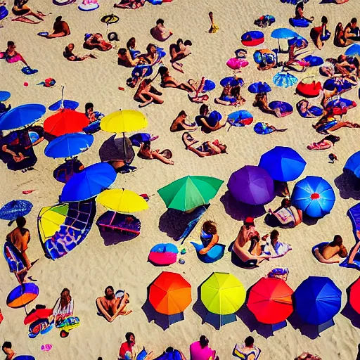 Image similar to photograph beachscapes from an almost perpendicular angle, Aerial view of sandy beach with umbrellas and sea, Aerial of a crowded sandy beach with colourful umbrellas, sun bathers and swimmers during summer, by Tommy Clarke