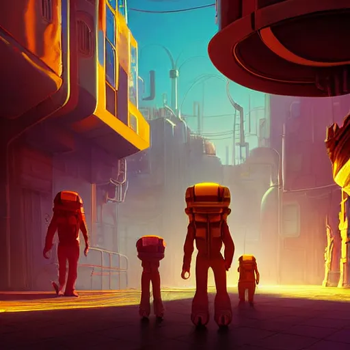 Image similar to aliens walk in alley in cybercity underbelly, golden hour by tyler edlin and petros afshar and christopher balaskas and marius borgeaud and kiliain eng, global illumination, ambient occlusion, 3 0 mm, well proportioned, highly detailed, rule of thirds