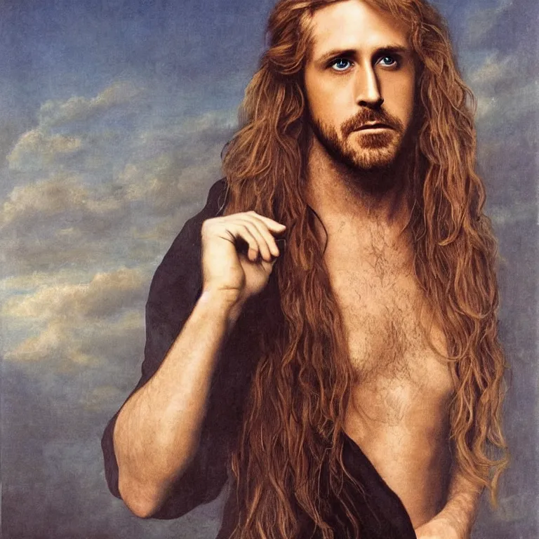 Image similar to Pre-Raphaelite portrait of actor, Ryan Gosling as the leader of a cult 1980s heavy metal band, with very long blond hair and grey eyes, high saturation