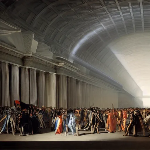 Image similar to full lenght sci-fi cars in the coronation of napoleon painting by Jacques-Louis David and point cloud in the middle and everything in form of zaha hadid architects artwork by caravaggio unreal engine 5 keyshot octane lighting ultra high detail ultra hyper realism 8k 16k in plastic dark tilt shift full-length view