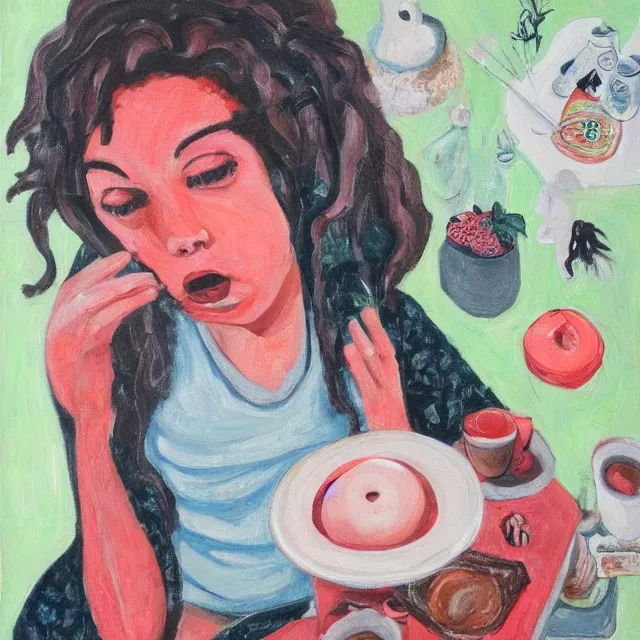 Image similar to a self - portrait in a female artist's bedroom, depressed emo girl eating pancakes, berries, surgical supplies, handmade pottery, flowers, sensual, octopus, neo - expressionism, surrealism, acrylic and spray paint and oilstick on canvas