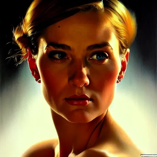 Image similar to close up face of a extremely beautiful bond female vam pire portrait, masterpiece, oil on canvas, artgerm, norman rockwell, craig mulins, trending on pxiv,