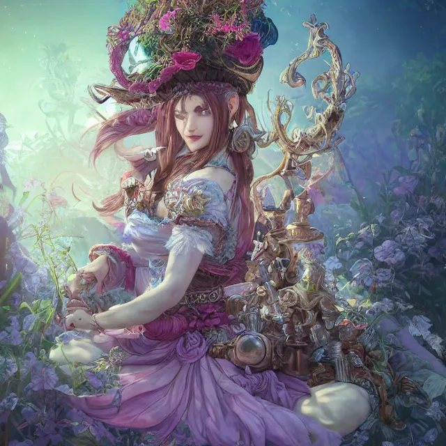 Image similar to the portrait of chaotic good female druid alchemist as absurdly beautiful, gorgeous, elegant, young gravure idol, an ultrafine hyperdetailed illustration by kim jung gi, irakli nadar, intricate linework, sharp focus, bright colors, octopath traveler, final fantasy, unreal engine 5 highly rendered, global illumination, radiant light, detailed and intricate environment