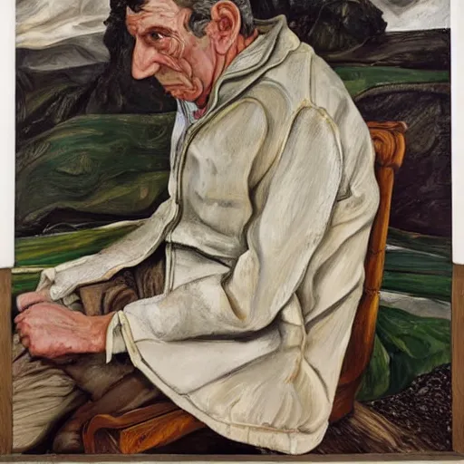 Prompt: a portrait of a character in a scenic environment by lucian freud