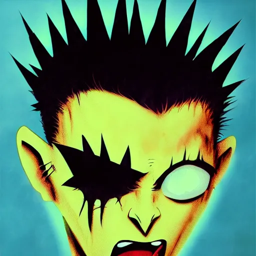 Prompt: a punk rock rapper alien with black spiked hair enraged, an airbrush painting by Jamie Hewlett, cgsociety, symbolism, antichrist, aesthetic, 8k