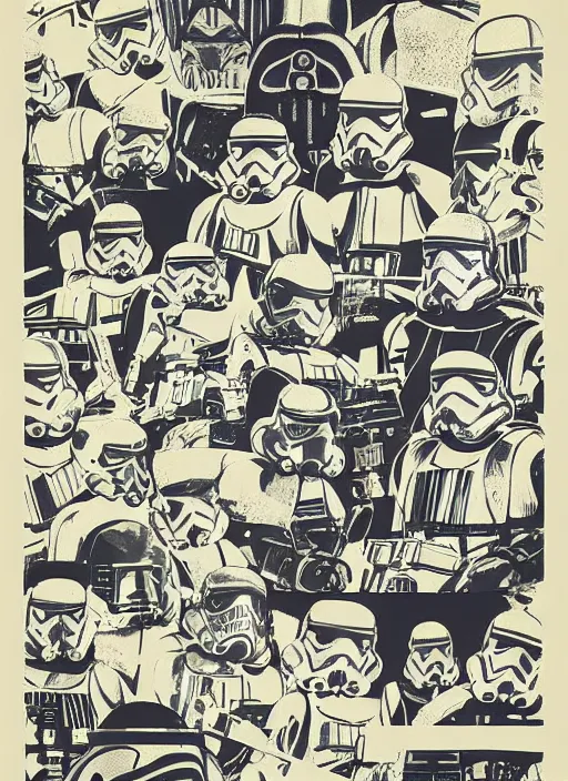 Image similar to a mid - century modern illustration, screen printed, textured, paper texture, of star wars