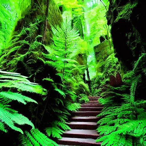 Image similar to fern canyon gorge in oregon, stone stairway, overgrown lush plants, atmospheric, cinematic, by studio ghibli,