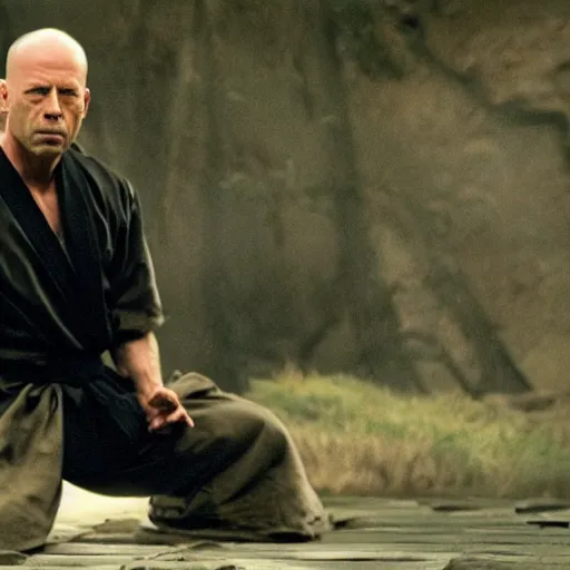 Image similar to an film still of bruce willis as samurai, cinematic, dramatic action