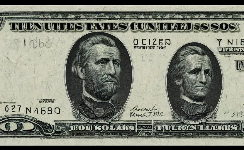 Prompt: rectangular photograph of fifty dollar u. s. currency note featuring president grant