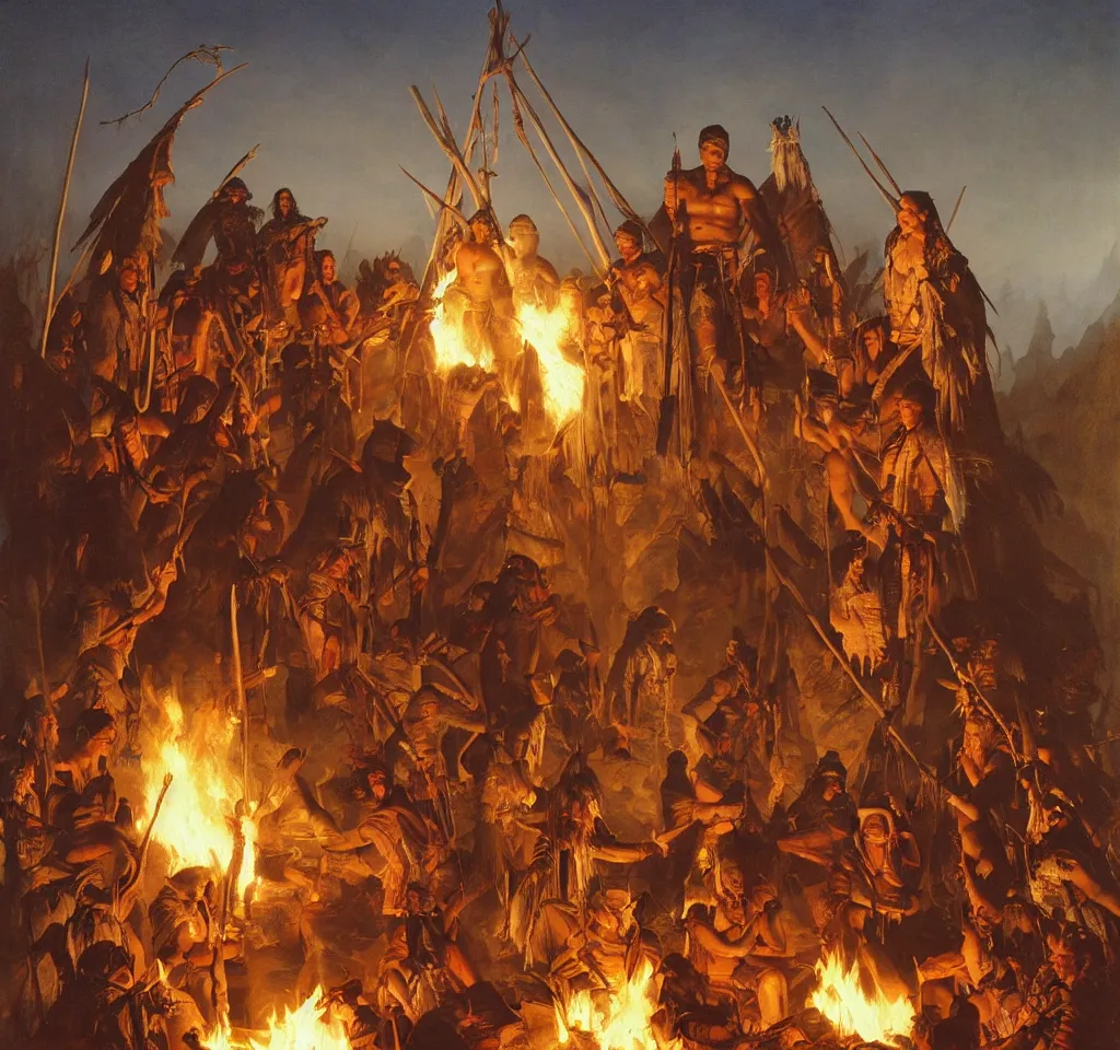 Prompt: native american chief speaks to his council around the fire in the teepee by frank frazetta, artgerm, albert bierstadt, tomasz alen kopera