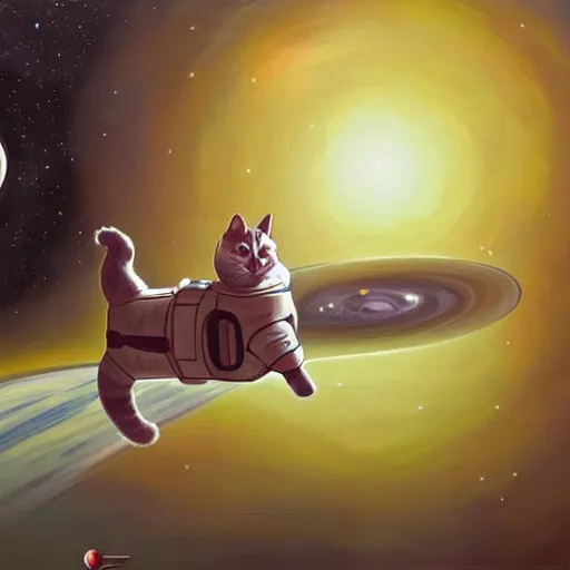 Image similar to cat in astronaut suit floating in space with ringed planet in background detailed magical realism painting trending on artstation