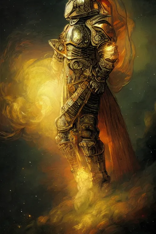 Prompt: breathtaking detailed soft painting of white knight in armor, gauze dress of fireflies and art nouveau sallet of embers, rembrandt style, in a cosmic nebulae with golden ribbons flying in flames, elegant, highly detailed, artstation, concept art, matte, sharp focus, art by Anato Finnstark, Artgerm and Greg Rutkowski