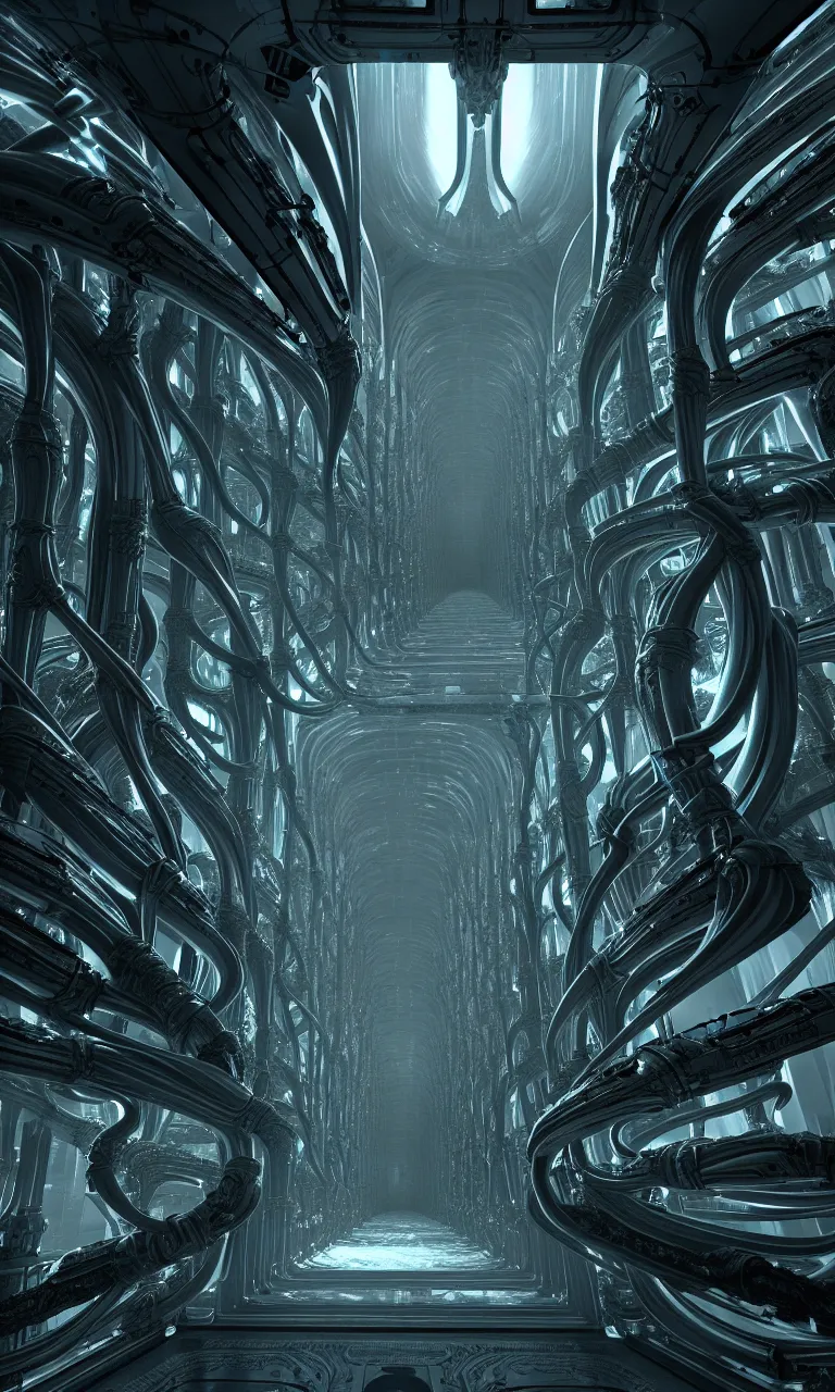 Image similar to sci-fi Prometheus biological corridor, biologic HR Giger style, Alien, Wide angle, featured in artstation, octane render, cinematic, elegant, intricate, 8k